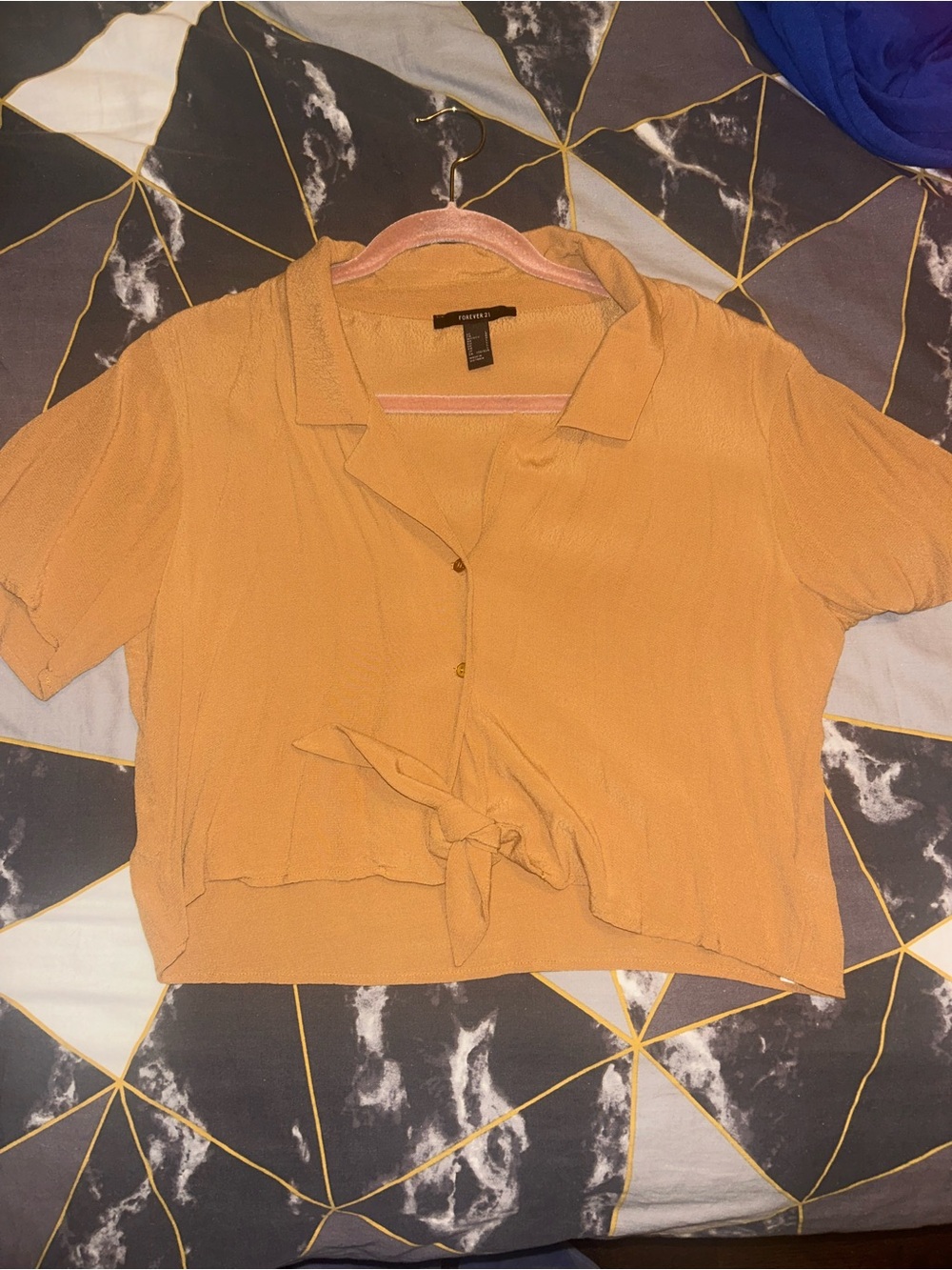Forever 21 Mustard Short Sleeve Tie-Front Button Down Shirt